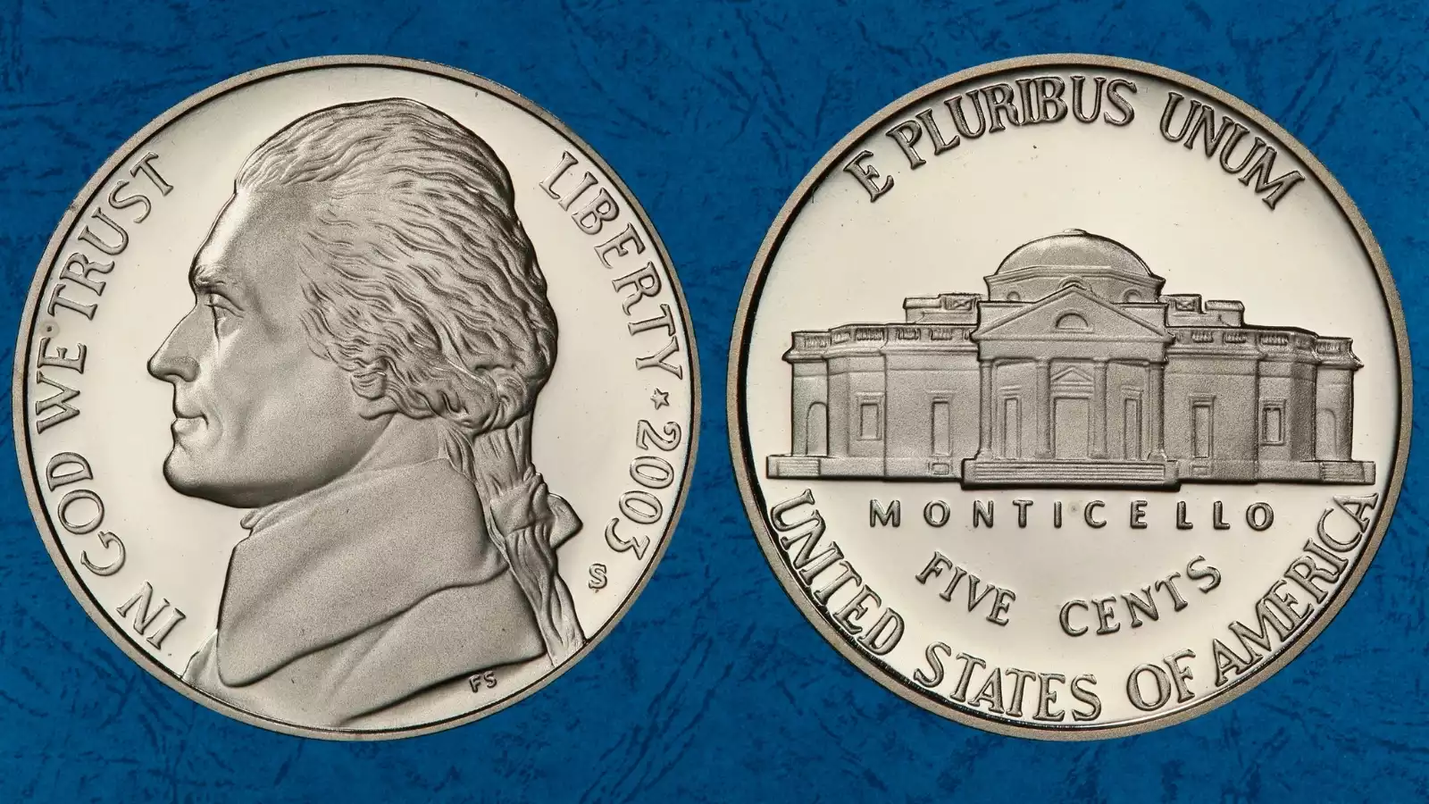 Side-by-side comparison of 2003 Jefferson nickel reverse showing standard weakly struck steps versus Full Steps designation with all horizontal lines sharply defined