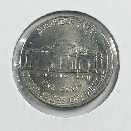 2003 Jefferson nickel broadstrike error expanded beyond standard diameter with flattened rim and full design visible