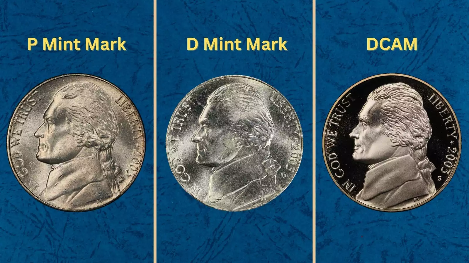 Group of 2003 Jefferson nickels from Philadelphia and Denver mints showing P and D mint marks